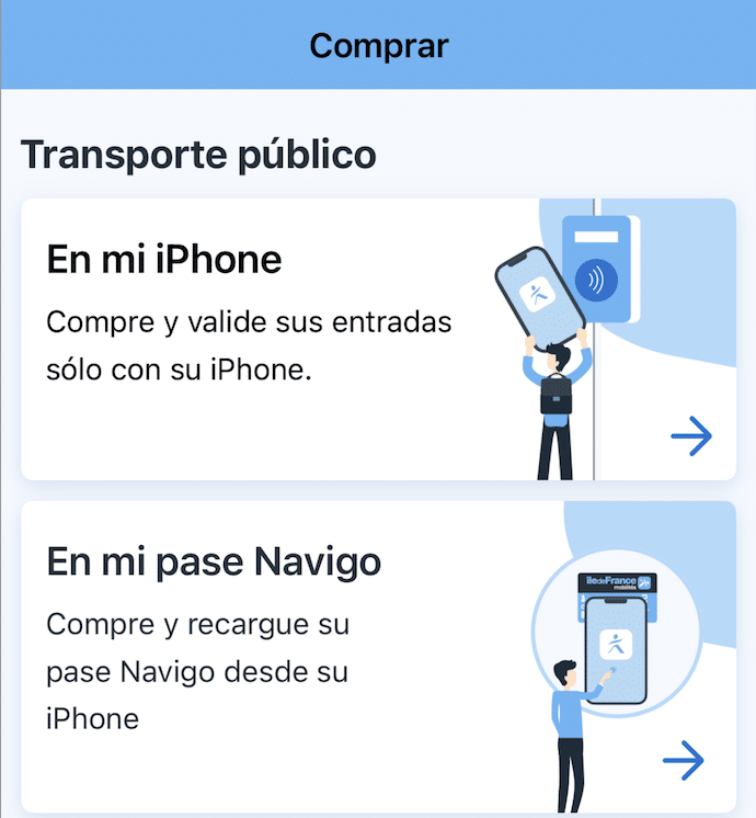 Captura de Pantalla de la aplicación IDF mobilités para comprar el Pase Navigo Online
