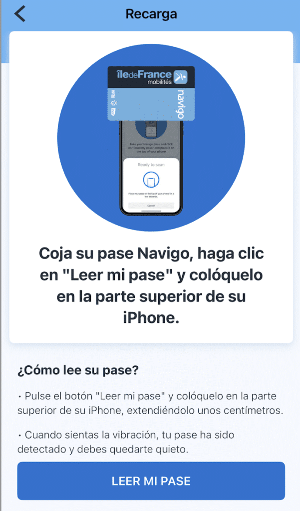 Captura de Pantalla de la aplicación IDF mobilités para comprar el Pase Navigo Online