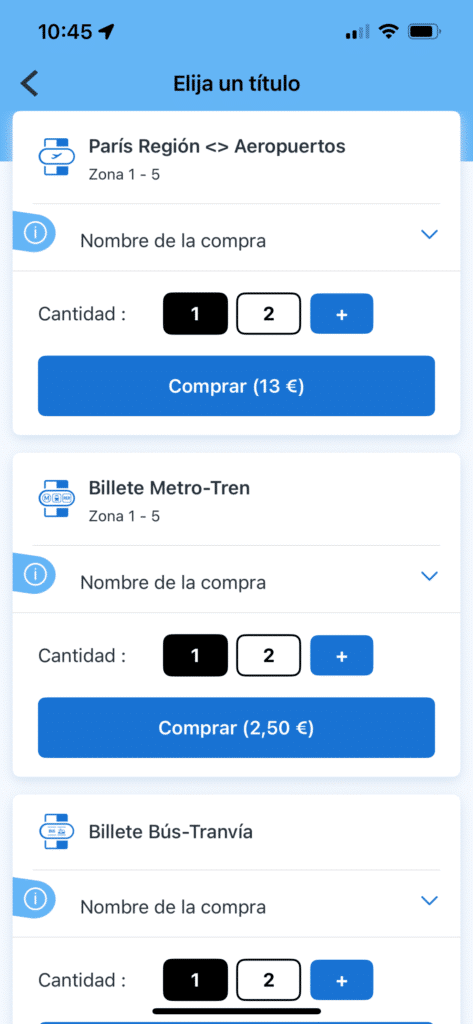 Captura de Pantalla de la aplicación IDF mobilités para comprar el Pase Navigo Online.